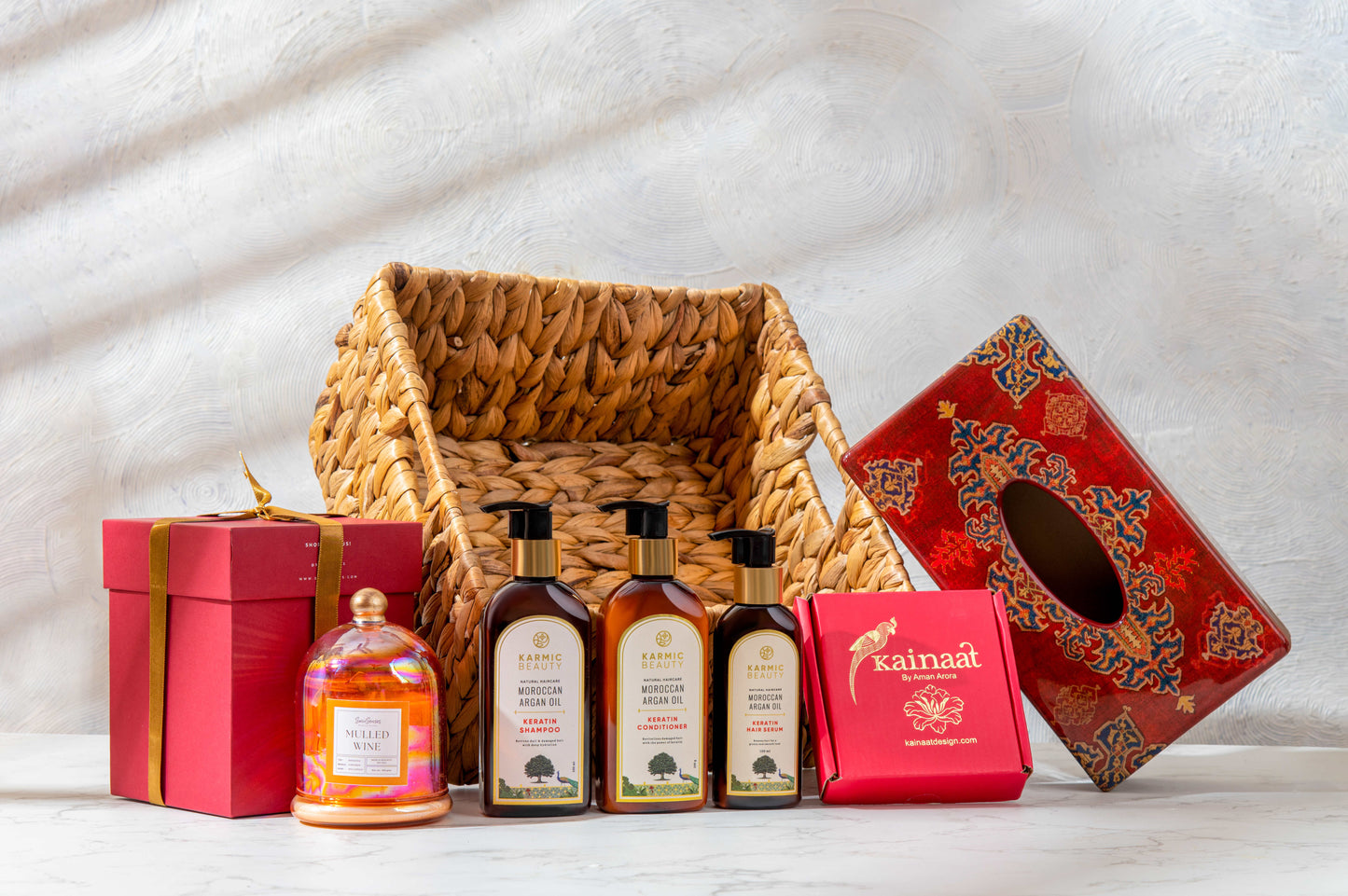 Pure Indulgence Hamper Includes Shampoo, Conditioner, Hair Serum, Tissue Box, Coaster Set and Aroma Candle