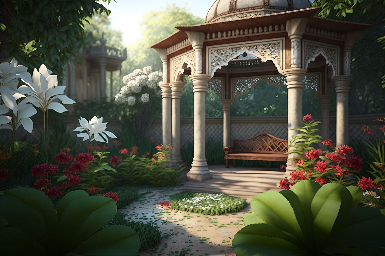 A serene park scene with a gazebo surrounded by lush greenery, embodying the natural and organic essence of Karmic Beauty products.