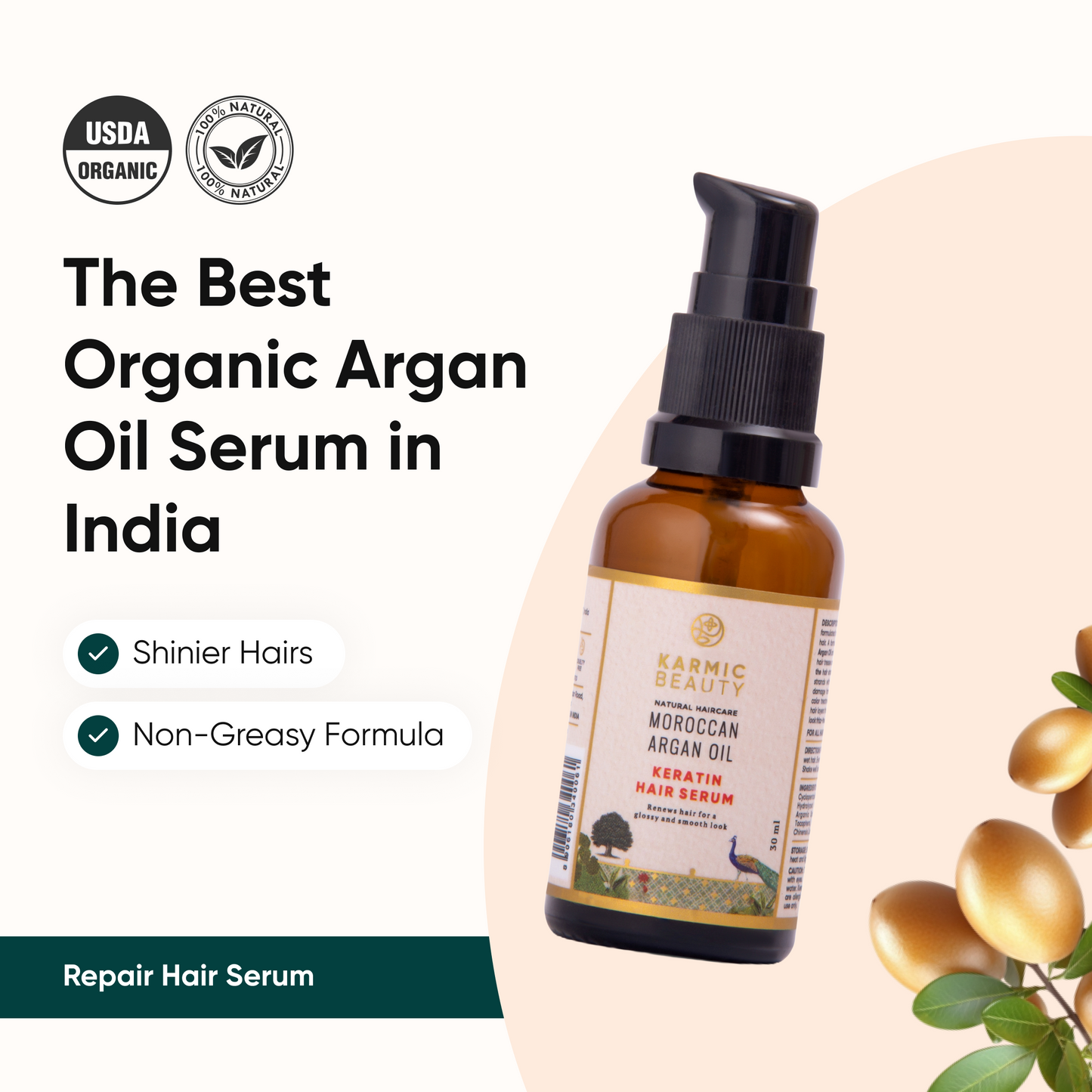 Smoothening Hair Serum with Certified Organic Moroccan Argan Oil & 100% Natural Keratin