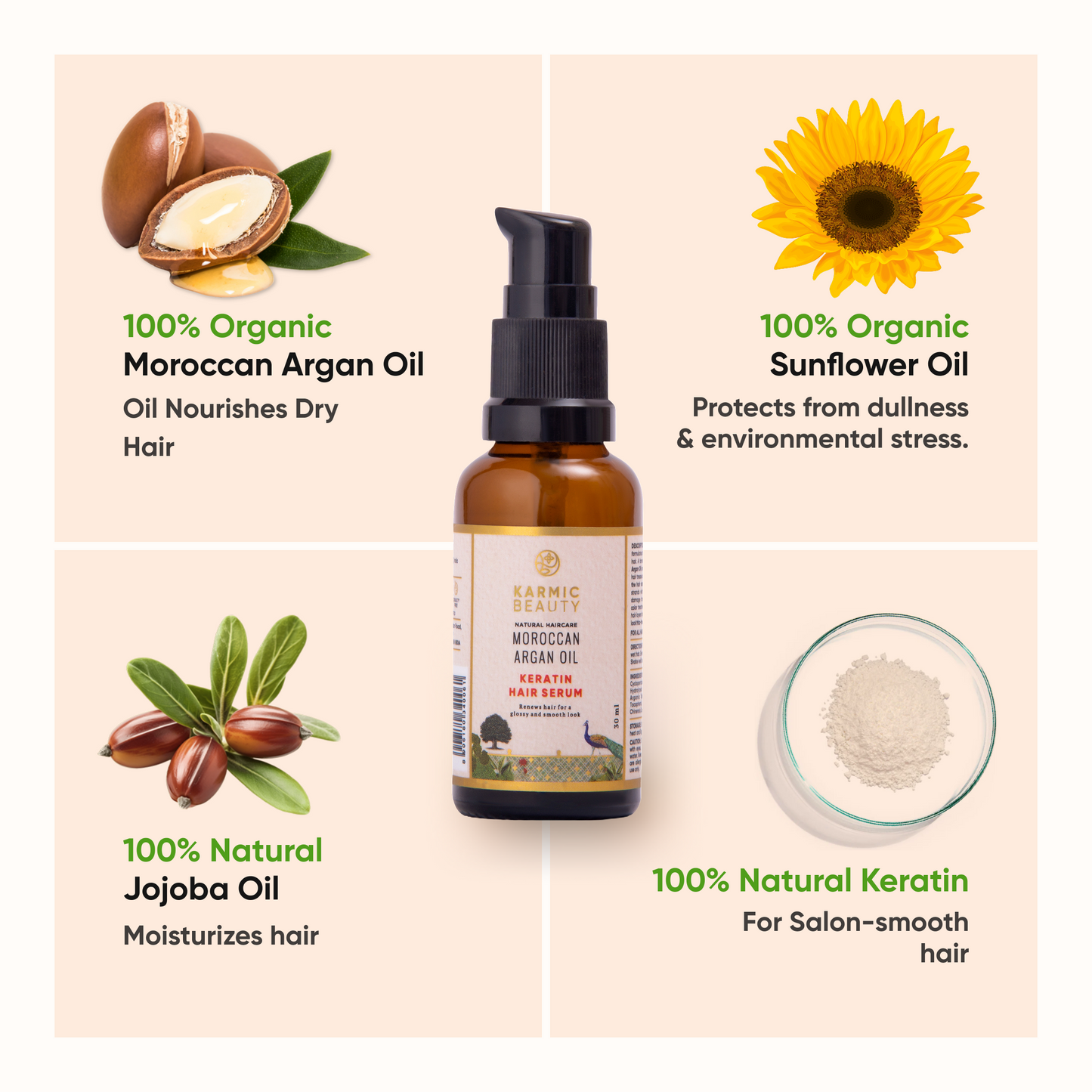 Smoothening Hair Serum with Certified Organic Moroccan Argan Oil & 100% Natural Keratin