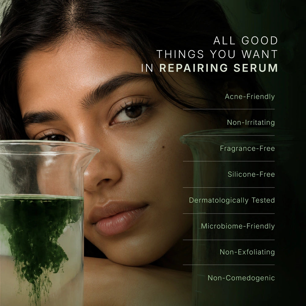 Close-up of a woman's face with text listing qualities of a repairing serum: Acne-Friendly, Non-Irritating, Fragrance-Free, Silicone-Free, Dermatologically Tested, Microbiome-Friendly, Non-Exfoliating, and Non-Comedogenic. A glass beaker with green liquid is visible on the left.