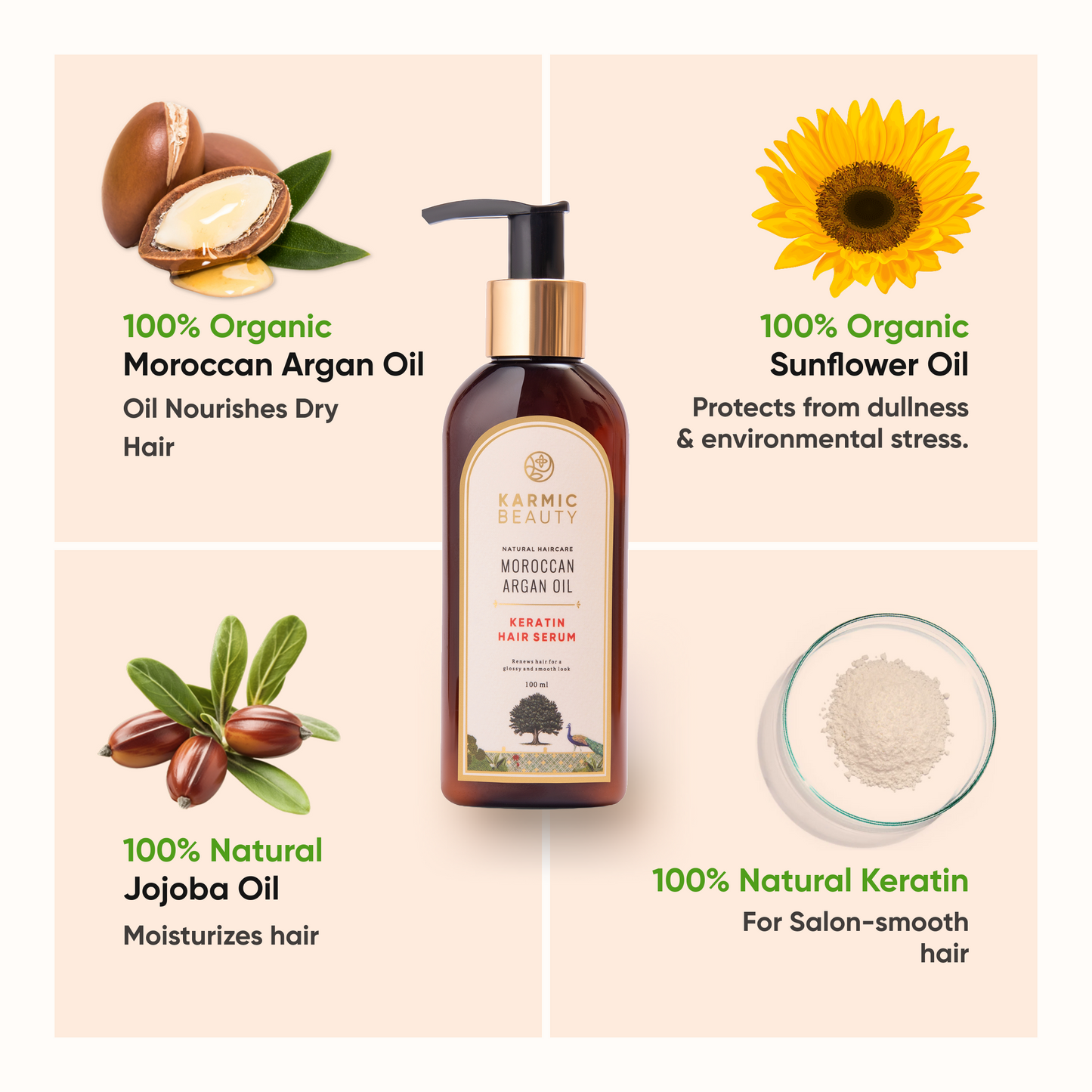 Smoothening Hair Serum with Certified Organic Moroccan Argan Oil & 100% Natural Keratin
