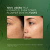 A green promotional graphic with text reading '100% USERS FELT HYDRATED, EVEN TONED, PLUMPER SKIN IN 7 DAYS' above a side-by-side before/after facial skin comparison. The left panel shows under-eye darkness, and the right panel shows smoother, brighter skin.