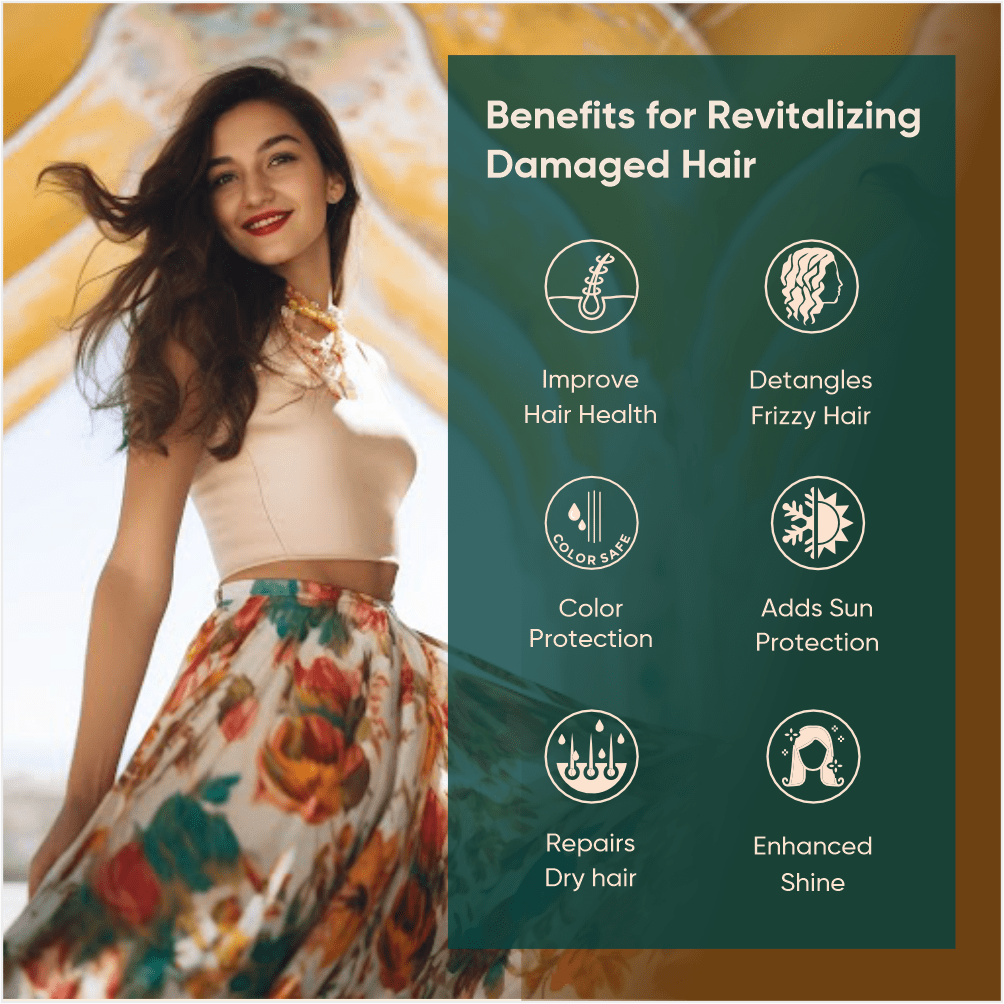 A beautiful girl image with text "benefits for revitalizing damaged hair" on a label offered by Karmic Beauty.