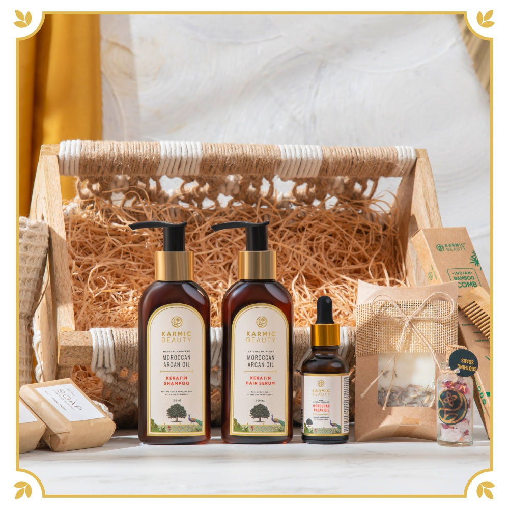 A Luxurious Hamper of Premium Hair Care Products along with Waffle Face Towels, Artisanal Soaps, Soothing Bath Salts & a Wax Tablet