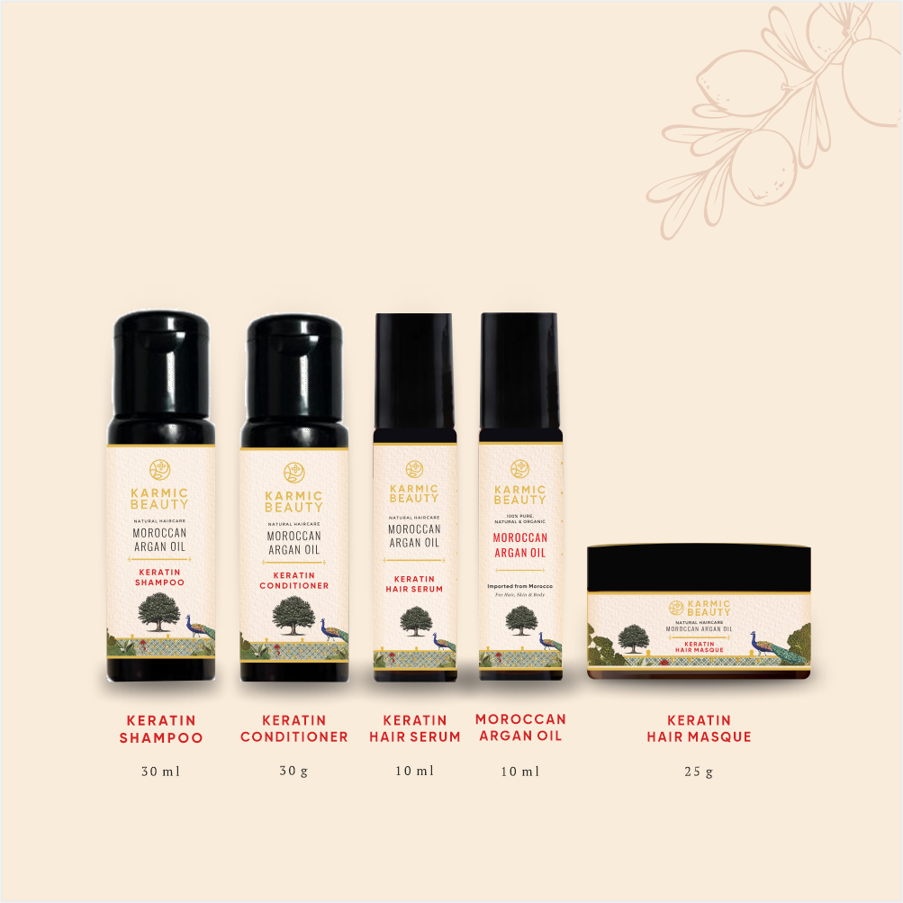 Karmic beauty eternal luxe travel mini kit net content. Shampoo - 30ml, Conditioner - 30g, Hair Mask, - 25g, Hair Serum - 10ml and Argan Oil - 10ml