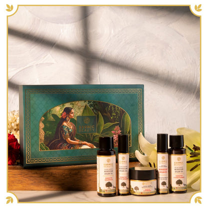 Eternal Luxe of Karmic Beauty is a travel mini kit of Shampoo, Conditioner, Hair Mask, Hair Serum and Argan Oil.