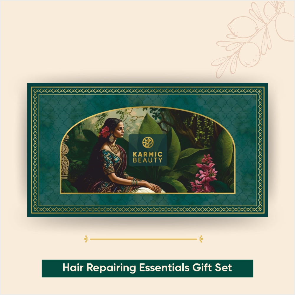 Hair reparing essentials gift set by Karmic Beauty, featuring shampoo, conditioner, and styling products