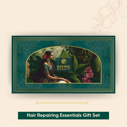 Hair reparing essentials gift set by Karmic Beauty, featuring shampoo, conditioner, and styling products