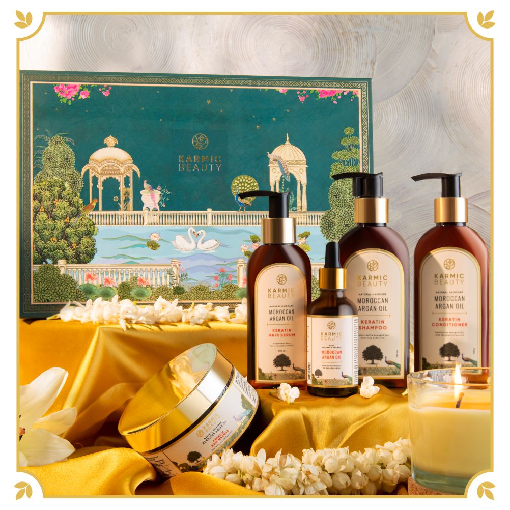 Luxurious Heritage Collection of Karmic Beauty includes Shampoo, Conditioner, Hair Mask, Hair Serum and Argan Oil.