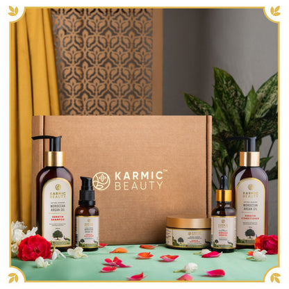 Luxurious hair care imperial bliss of Karmic Beauty includes Shampoo, Conditioner, Hair Mask, Hair Serum and Argan Oil.