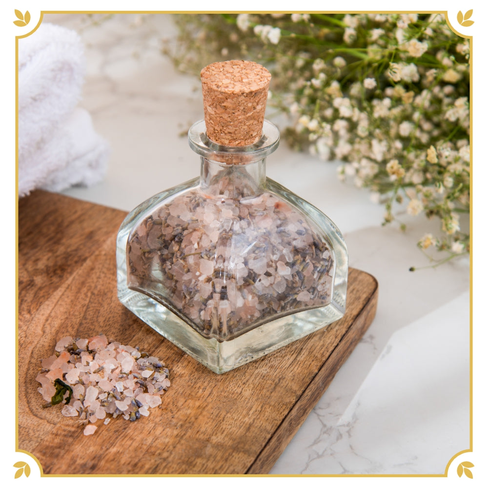 Luxury Lavender Bath Soak in a Glass jar sealed with a cork.