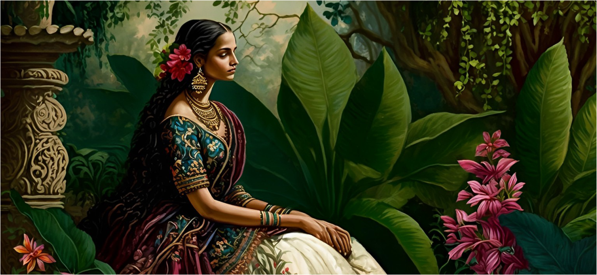 Serene woman sitting in a lush garden surrounded by colorful flowers and greenery, embodying the essence of Karmic Beauty.