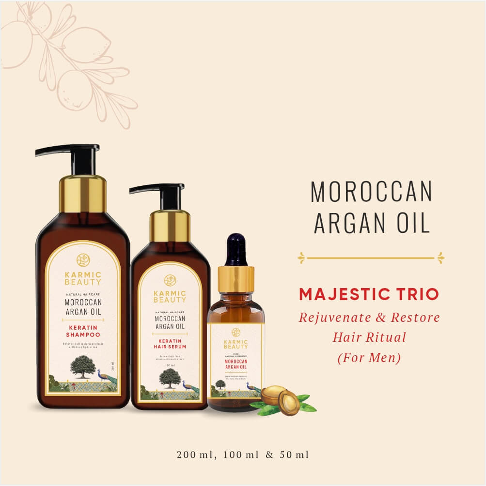 Karmic Beauty Majestic Trio Showing All Items. Shampoo, Hair Serum and Argan Oil.