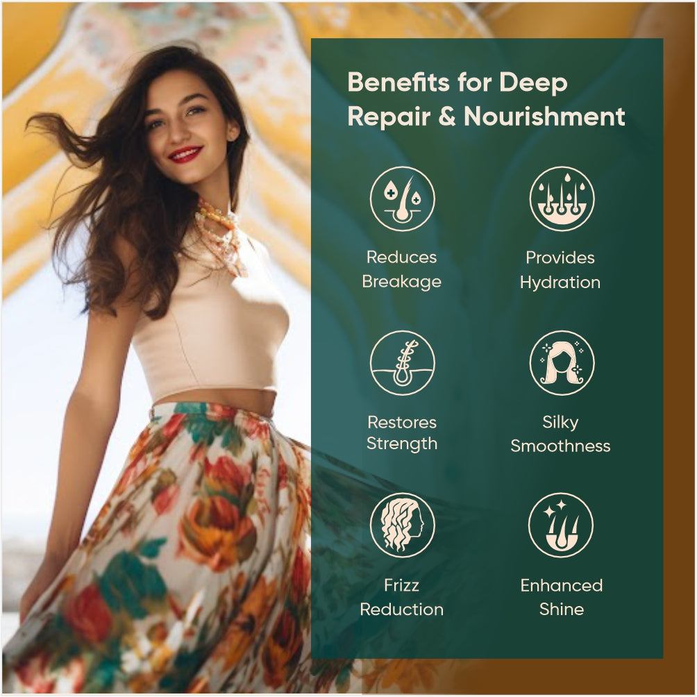 A beautiful girl image with text "benefits for deep & repair nourishment" on a label offered by Karmic Beauty.