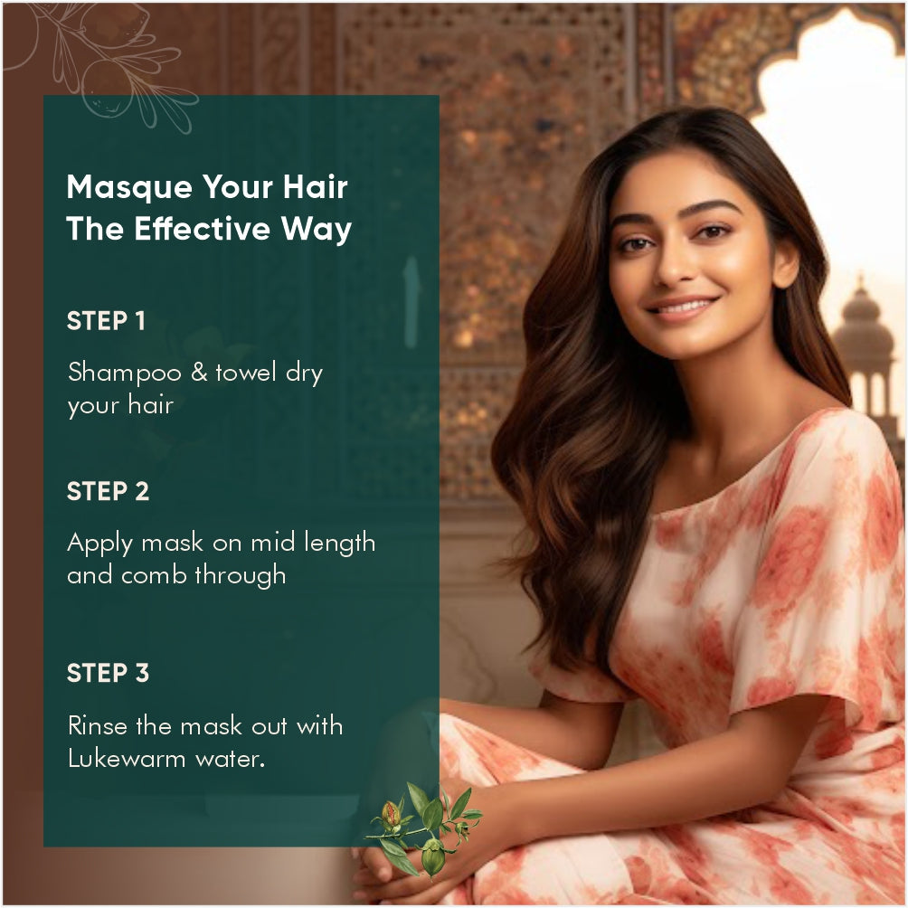 An image of a comprehensive guidebook with the title "Masque your hair the effective way" by Karmic Beauty