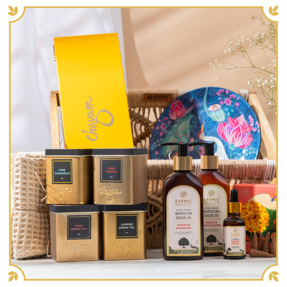 Luxurious Hamper of Premium hair care products and elegant home essentials.