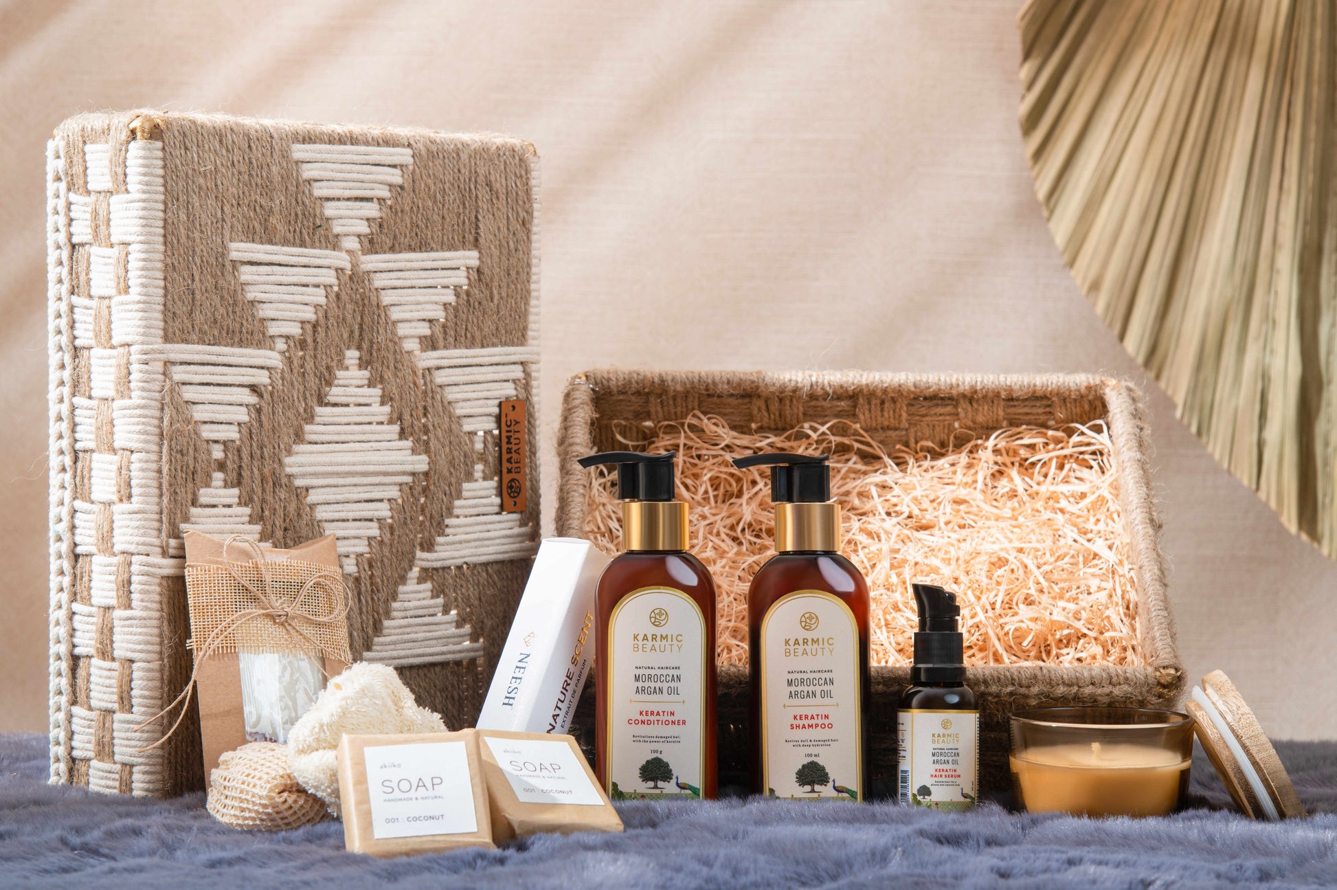 Organic Oasis Basket Includes a Shampoo, Conditioner, Serum, Perfume, Cloud Scrunchie, Aroma Candle, Coconut Soap and Wax tablet