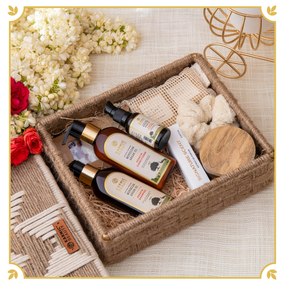 Organic Oasis Basket - A Luxury Gift Hamper for Gifting. All items in one handcrafted crochet basket.