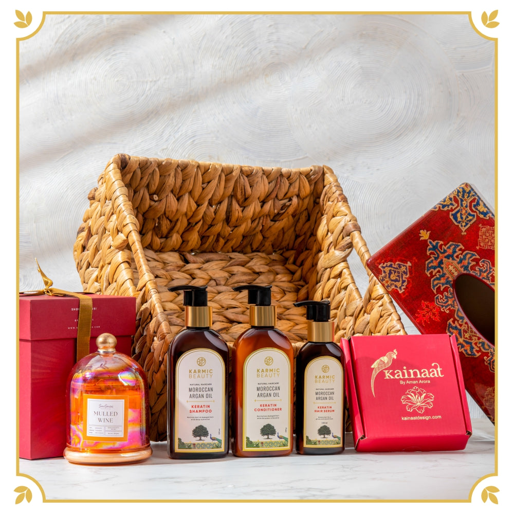 Cane Basket Hamper, containing Luxurious Hair Care Products & Elegant Home Essentials for the perfect Self-Care Retreat.