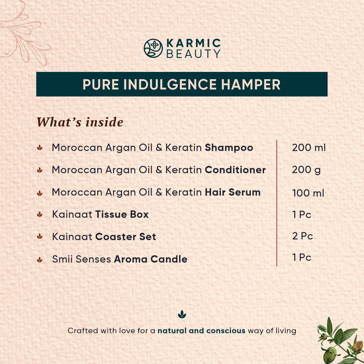 List of all the Items inside this luxurious Pure Indulgence Hamper. A Shampoo, Conditioner, Hair Serum, Tissue Box, Coaster Set and Aroma Candle.