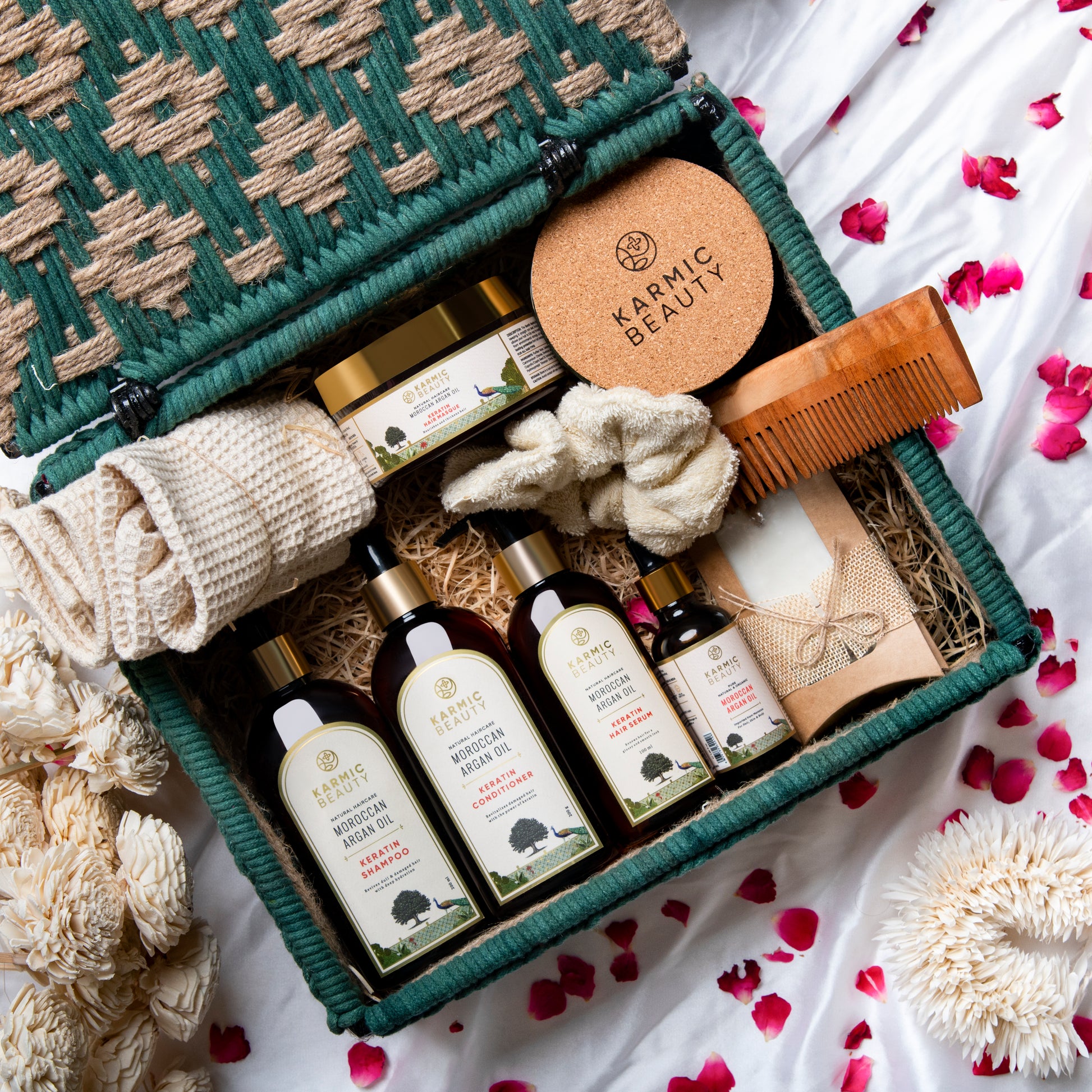 Karmic Beauty's Regal Reflections Ensemble Classic Gift Basket All the luxurious products packed in a hand woven basket.