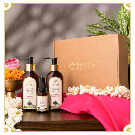 Karmic Beauty's Regal Roots Raja Hair Care Set front side with Karmic Beauty Cardboard Box 