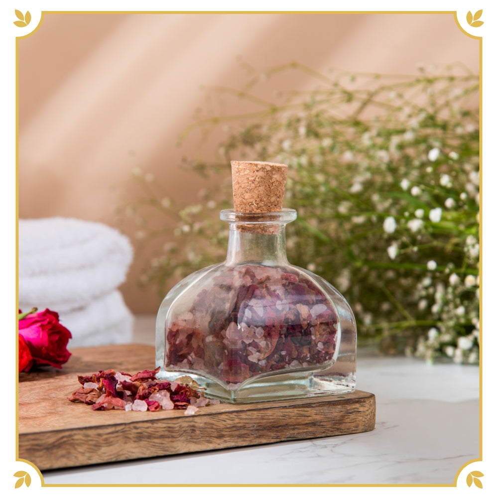 Luxury Rose Bath Soak in a Glass Jar sealed with a Cork.