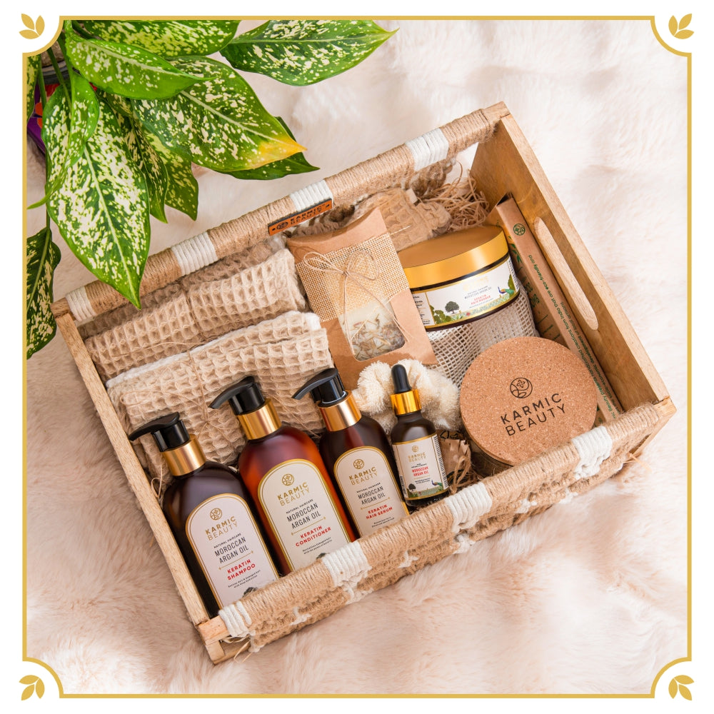 Grand Self-Care Luxe Caddy of Karmic Beauty, showcasing premium hair care products and self-care essentials.