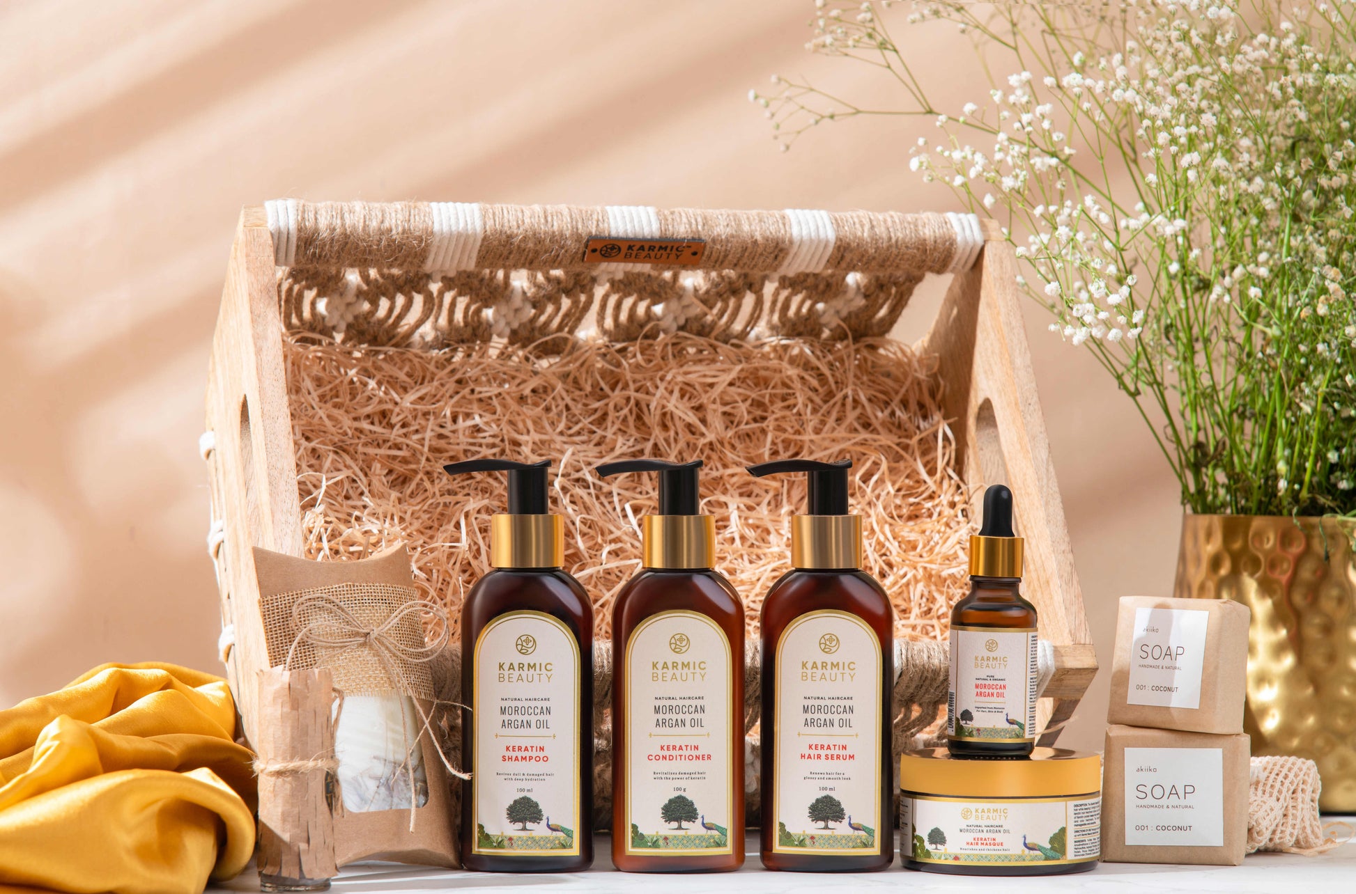 Sustainable Luxe Collection by Karmic Beauty: Luxurious gift hamper with premium self-care essentials, including Shampoo, Conditioner, and more, elegantly arranged in a Crochet Caddy.