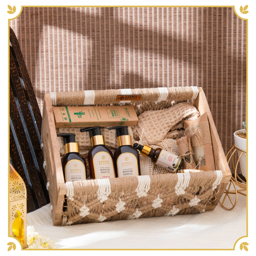 Luxurious gift hamper featuring premium self-care essentials, all elegantly arranged in a stylish Crochet Caddy.