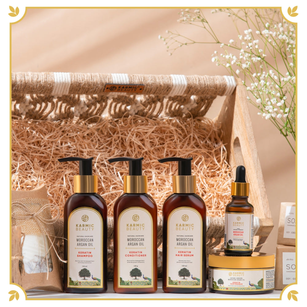 Sustainable Luxe Collection: Premium Shampoo, Conditioner, Hair Masque, Hair Serum, Argan Oil, Towel Set, Coconut Soaps, Eye Mask, Bath Salt, Wax Tablet, and Bamboo Comb, all elegantly presented in a Crochet Caddy.