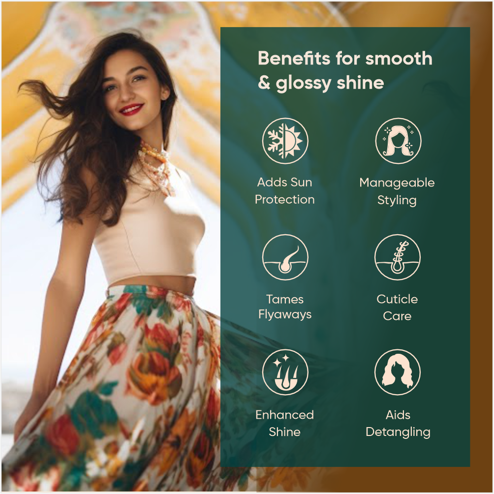 A beautiful girl image with text "benefits for smooth & glossy shine" on a label offered by Karmic Beauty.