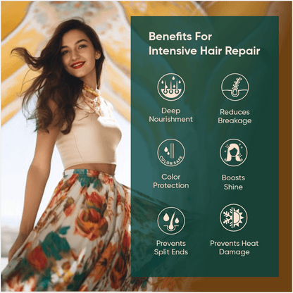 A beautiful girl image with text "benefits for intense hair repair" on a label offered by Karmic Beauty.