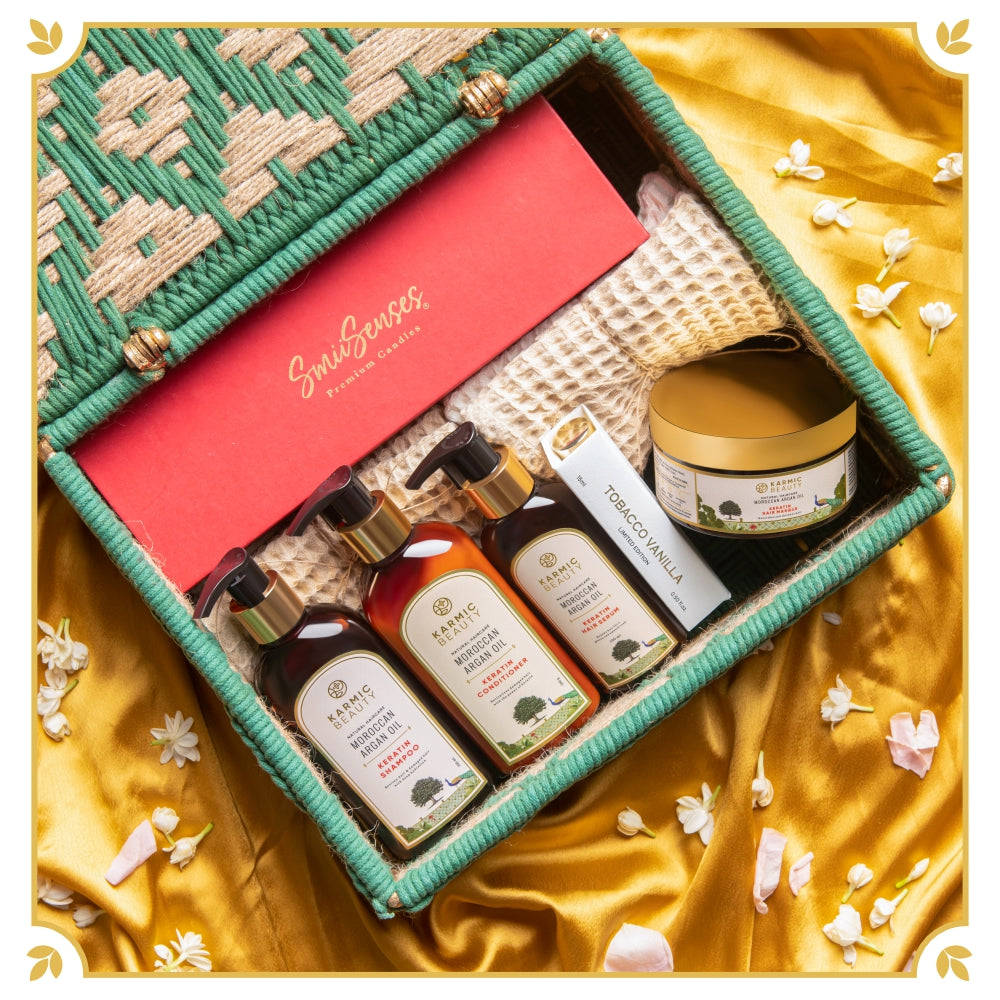 Karmic Beauty Blissful Bundle: Luxurious gift hamper with premium self-care essentials in a stylish basket.