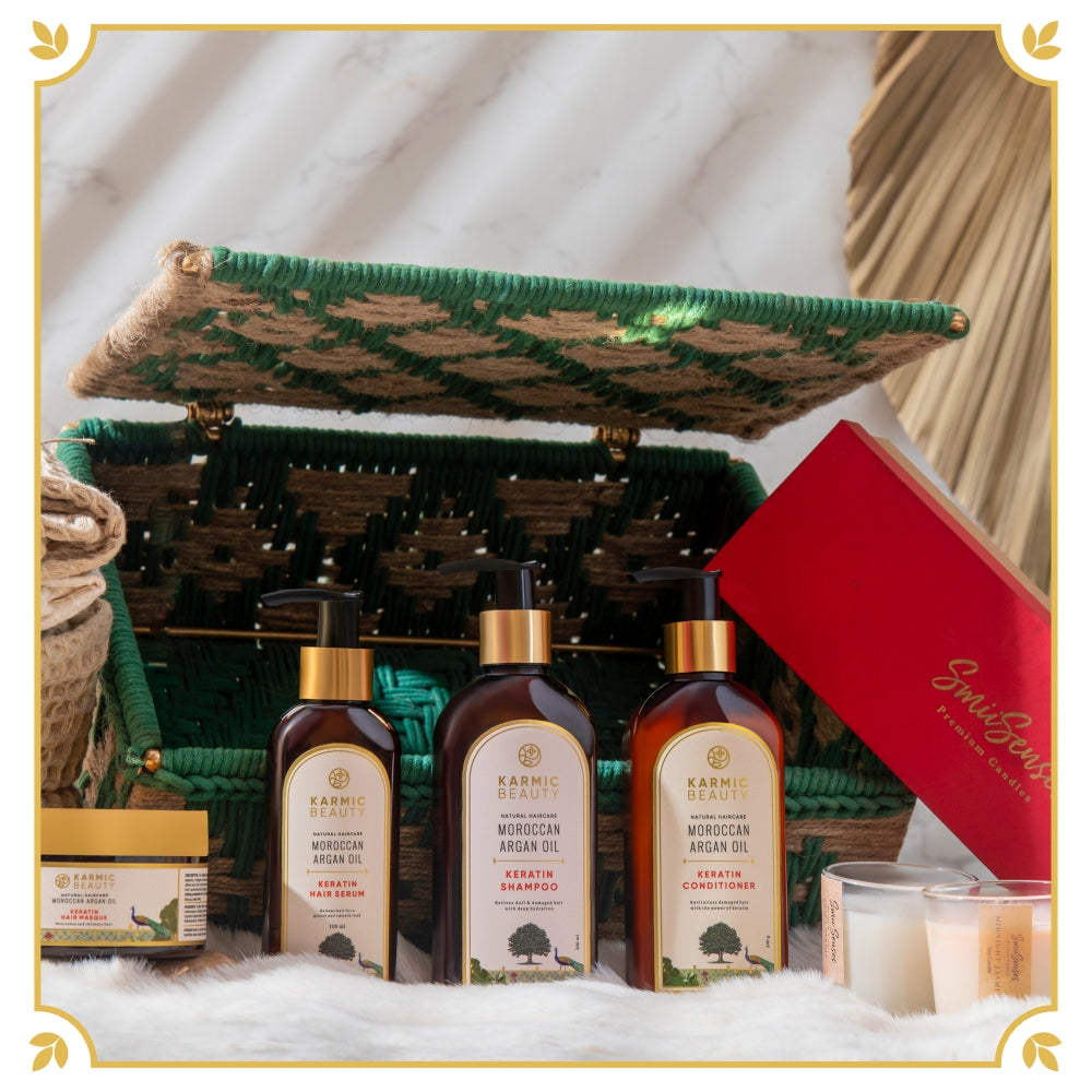 The Blissful Bundle by Karmic Beauty: Luxurious hamper featuring premium Shampoo, Conditioner, Hair Masque, Hair Serum, signature Perfume, soft Towel Set, Candle Set, all elegantly arranged in a stylish Basket.