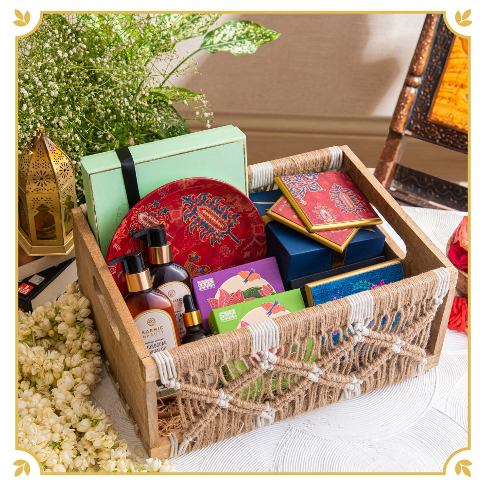 The Grand Serenity Hamper: Elegant self-care gift with hair care products, dhoop, candles, tea, and a decorative crochet caddy