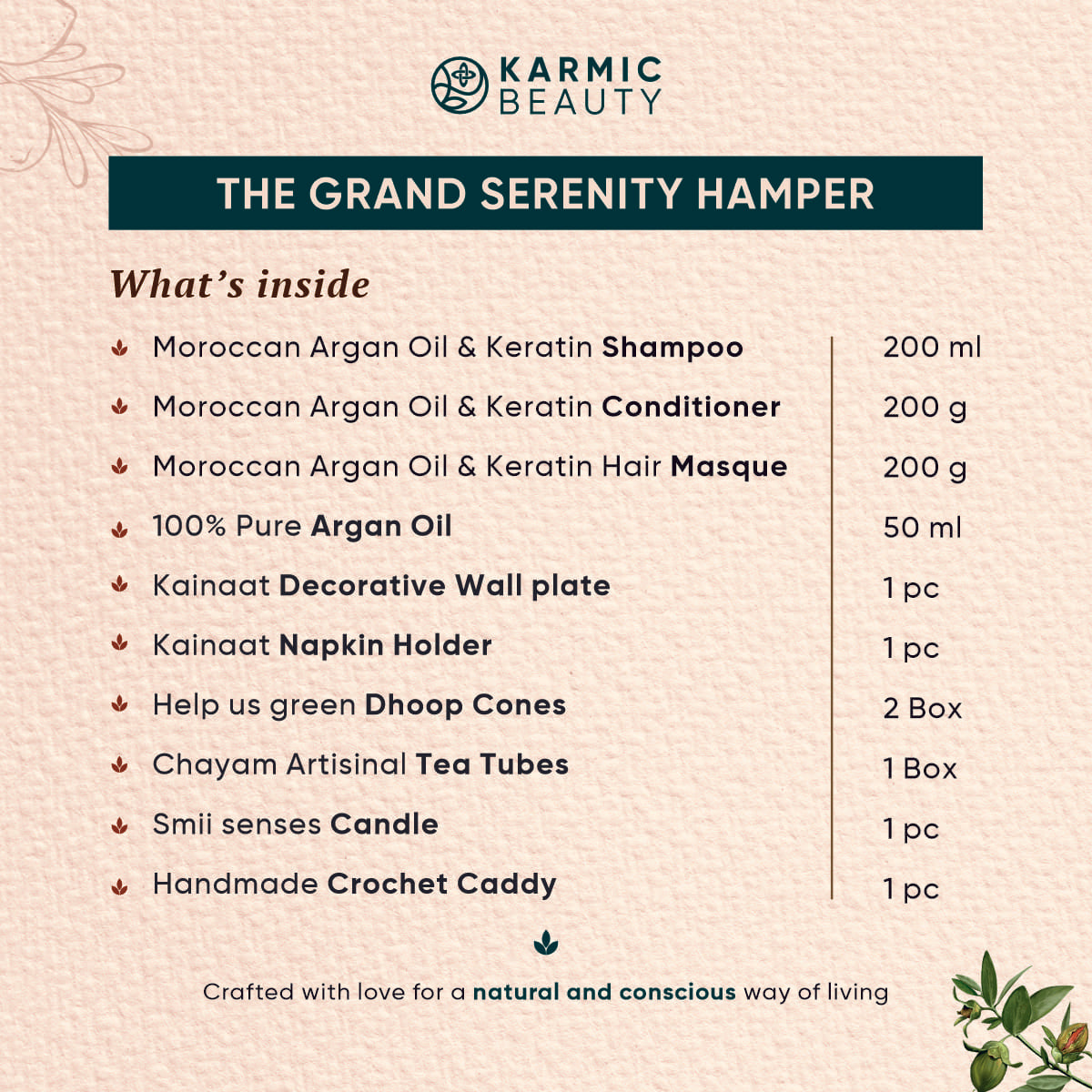 List of the items inside The Grand Serenity Hamper. Shampoo, Conditioner, Mask, Argan Oil, Wall Plate, Napkin Holder, Dhoop Cones, Tea Tubes, Candles and Crochet Caddy