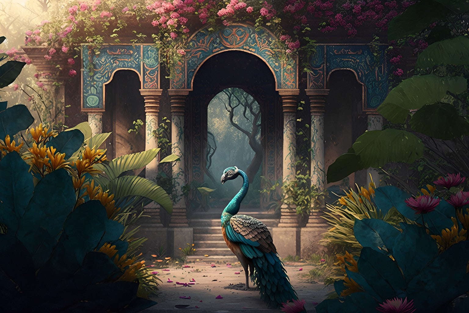 Serene park scene with gazebo, lush greenery, and peacock, reflecting Karmic Beauty's natural beauty products