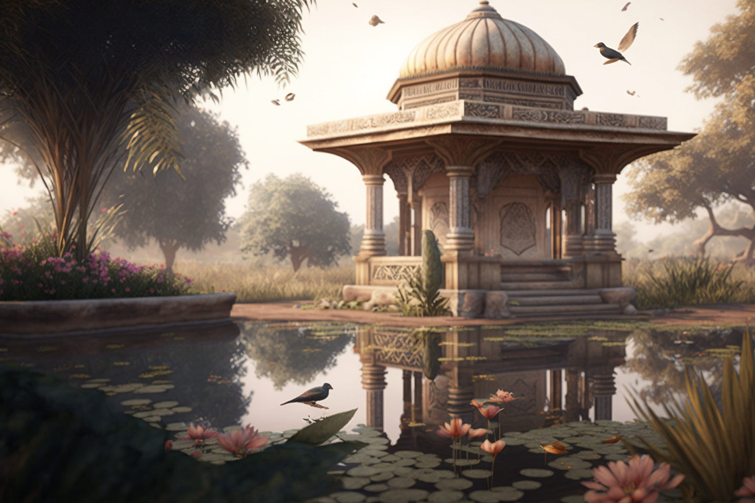 A serene park scene with a gazebo surrounded by lush greenery, embodying the natural and organic essence of Karmic Beauty products.