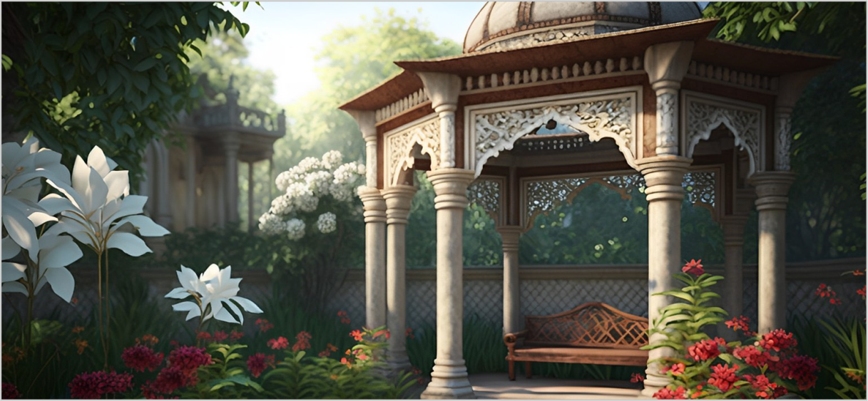 A serene park scene with a gazebo surrounded by lush greenery, embodying the natural and organic essence of Karmic Beauty products.