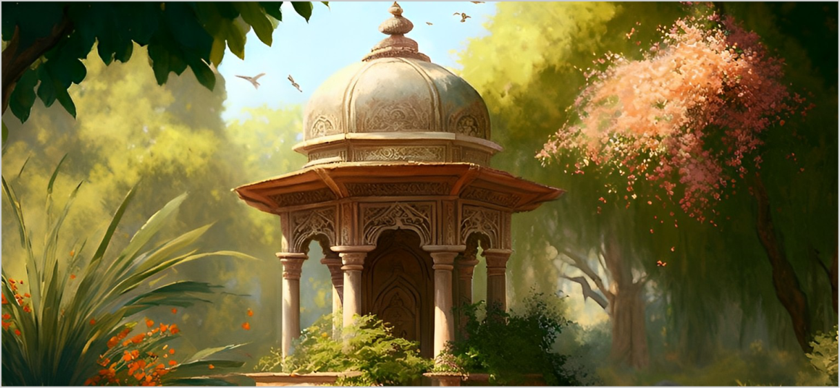 A serene park scene with a gazebo surrounded by lush greenery, embodying the natural and organic essence of Karmic Beauty products.