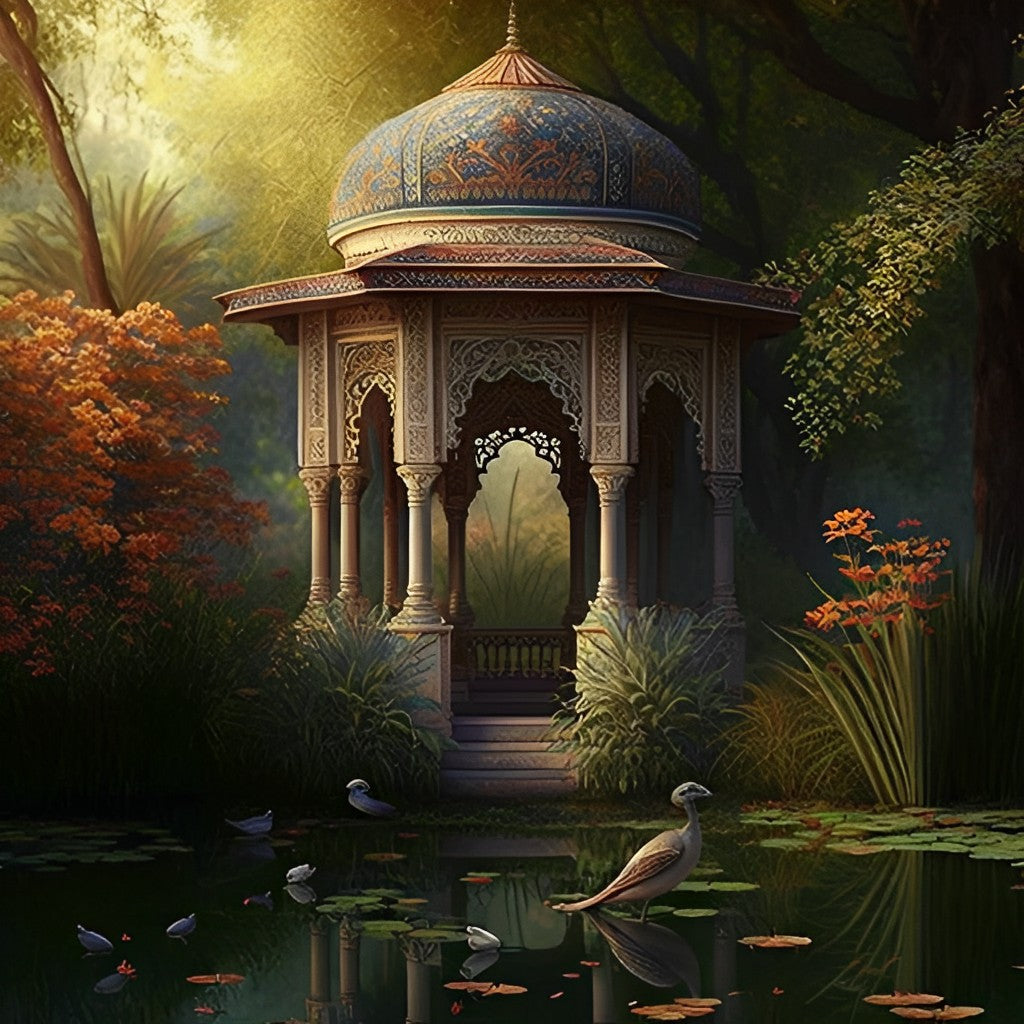 A serene park scene with a gazebo surrounded by lush greenery, embodying the natural and organic essence of Karmic Beauty products.